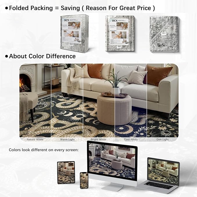 DCX Washable 10x13 Snake Rug, Black Gothic Rug for Living Room, Soft Low Pile Carpet, Kid & Pet Friendly with Rubber Back Non Slip, Stain Resistant Rug for Bedroom Dining Room Office