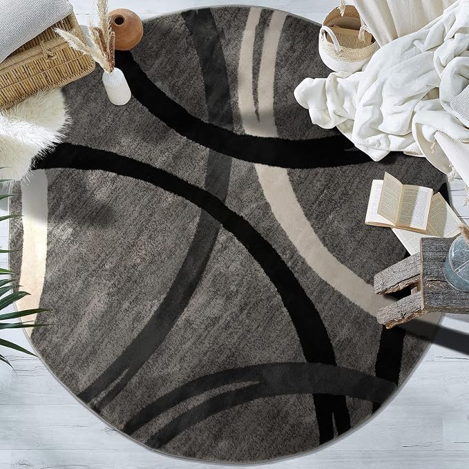 Rugshop Wavy Circles Jute Backing Living Room Bedroom Round Rug Gray 6'6"