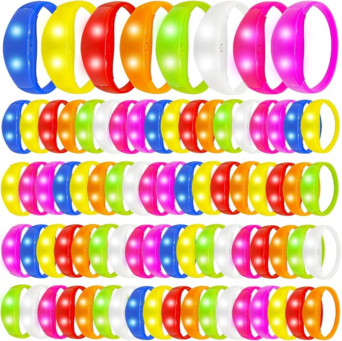 100 Pcs Sound Activated LED Glow Bracelets Light Up Bracelets for Adults Glow in the Dark Neon Birthday Party Favors