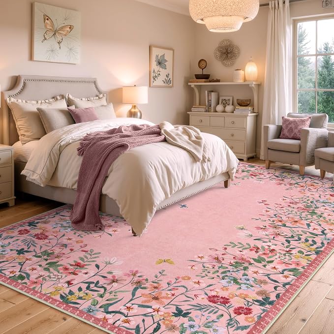 Wonnitar 6x9 Washable Area Rug, Pink Floral Rug for Girls Bedroom, Boho Botanical Nursery Rug, Non Slip Low Pile Living Room Carpet, Vintage Flower Dorm Decor (6x9 Pink)