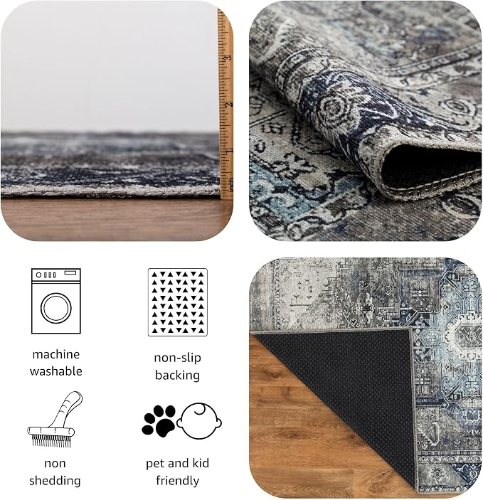 Keen Home Design 48"x72" Rug - Machine Washable Area Rug with Non-Slip Backing, Ideal for Living Room, Dining Room, Bedroom - Vintage, Easy Clean, Durable, Low Pile - (4' x 6')