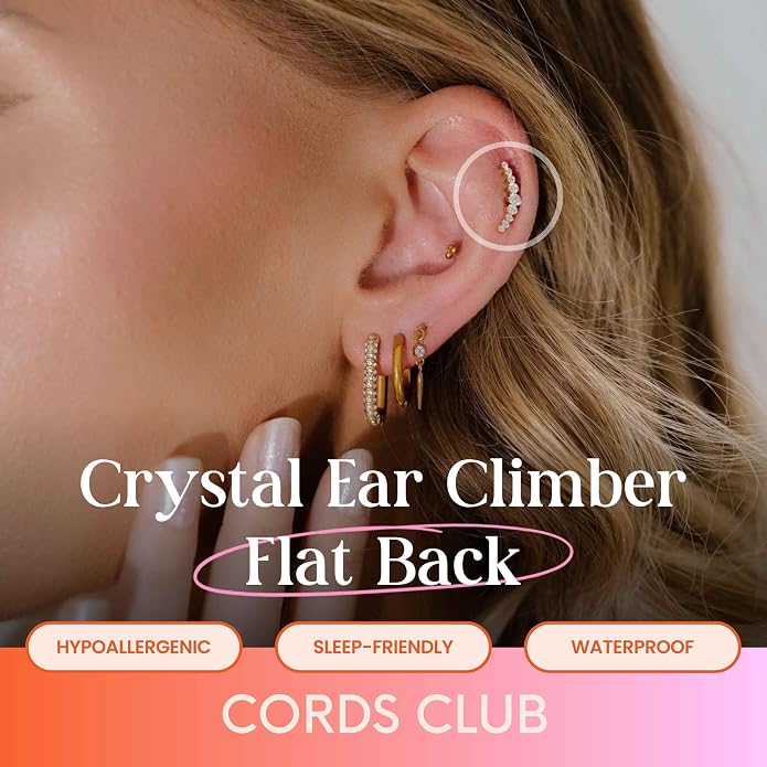 Cords Club Crystal Ear Climber Flat Back Stud – ASTM-F136 Implant Grade Titanium - Push Pin Design for Sensitive Ears (Single Earring)