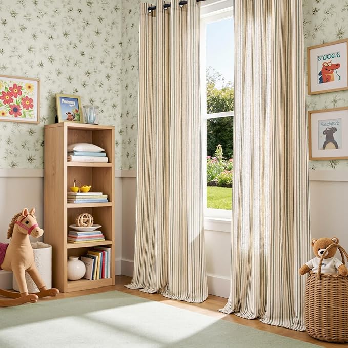 Vangao Linen Stripe Nursery Curtains for Kids Tickingstripe Light Filtering Window Curtains Colorful Pinstripe Printed Drapes 84 Inches Long for Living Room Boys Bedroom Colorful Green 2 Panels