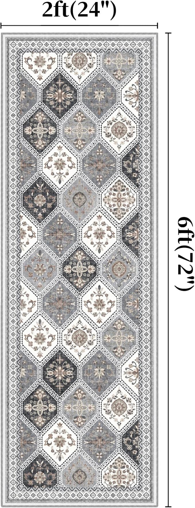 2x6 Runner Rug, Soft Non-Slip Boho Moroccan Rug, Gray/Gold | Low-Pile Printed Indoor Runners for Entryway, Hallways, Kitchen, Laundry Room, Bedside