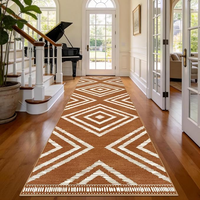3x16ft Boho Hallway Runner Rugs Washable Non Slip, Long Brown Entryway Rug Runners Non Shedding, Geometric Kitchen Floor Carpets for Doorway Entrance Farmhouse Living Room Home Decor