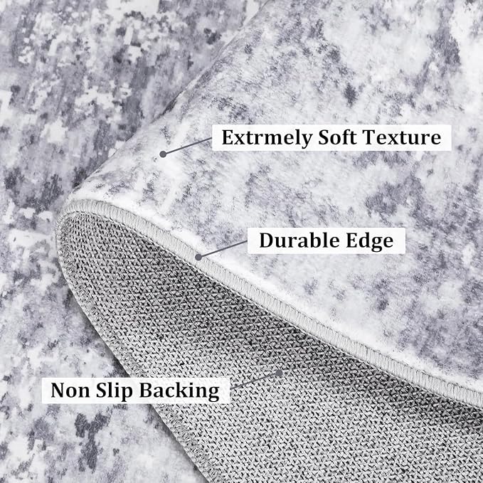 ROYHOME Modern Abstract Runner Rug 2x10 Washable Non Slip Stain Resistant Rug for Bedroom Living Room Non Shedding Low Pile Indoor Floor Cover,Light Grey
