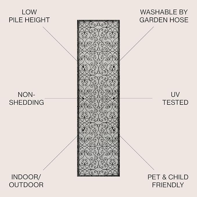 JONATHAN Y Vintage Filigree Indoor Outdoor Runner Rug 2X10 Light Gray/Black, Madrid Textured Weave for Backyard, Patio, Porch, Easy-Cleaning, High Traffic, Pet-Friendly, Non-Shedding (SMB107E-210)