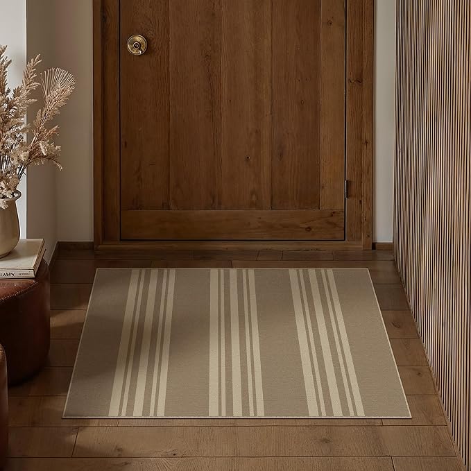 PureCozy Outdoor Rug 2x3 Washable Striped Jute Look Non Slip Mat | Khaki Stripe Farmhouse Design, Indoor Outdoor Entryway Door Mat for Kitchen, Mudroom and Bathroom, Non Shedding, Easy Care