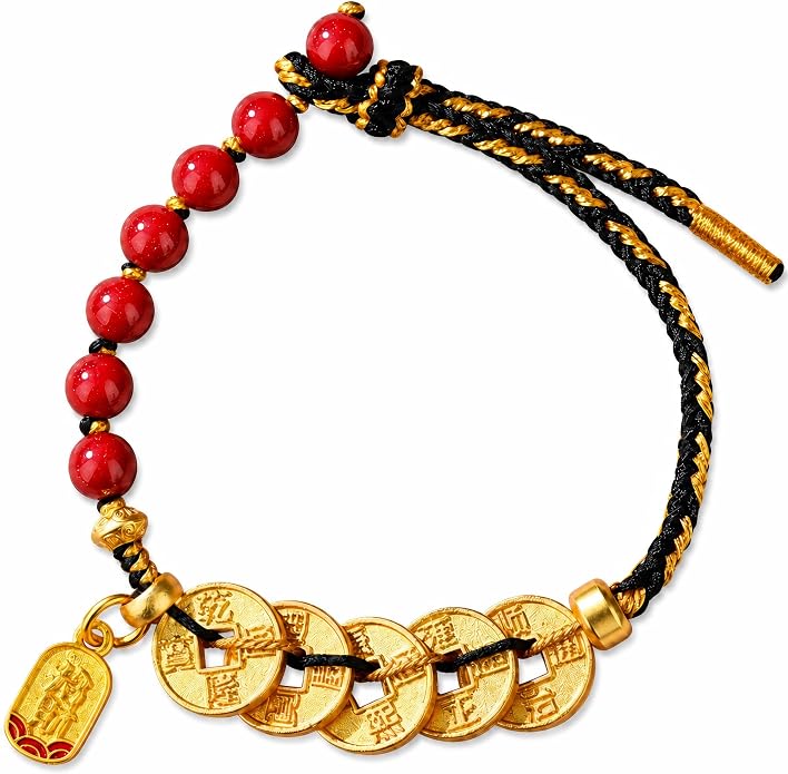 Feng Shui Bracelet with Five Emperor Coins, Beads Amulet for Wealth & Good Luck, Spiritual Protection Jewelry, Adjustable Ha