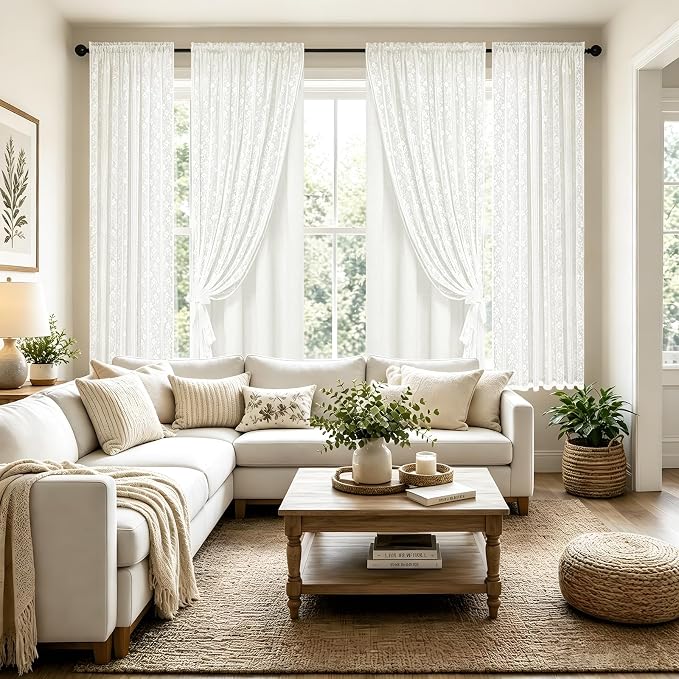 ASPMIZ Linen Curtains for Living Room Double Layer Curtains with Linen Lace, White Curtain for Bedroom Light Filtering, Rod Pocket Drapes 63 Inch Length 2 Panels Set with 2 Tiebacks, 52x63