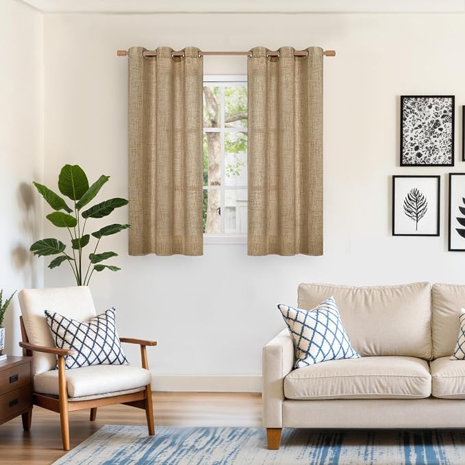 YoungsTex Toffee Linen Curtains 54 Inch Length for Window, Burlap Textured Light Filtering Drapes with Bronze Grommet for Kitchen Bedroom Cafe Decorative Privacy, 2 Panels, 42 X 54 Inch