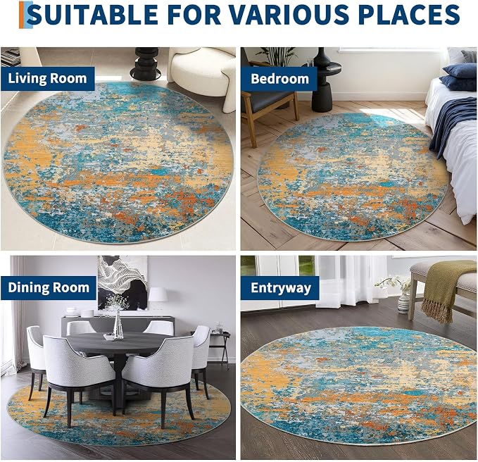 ROYHOME Modern Abstract 8x8 Round Area Rug Non Slip Non Shedding Rug Low Pile Stain Resistant for Bedroom Living Room Office Dining Room,Multi Color