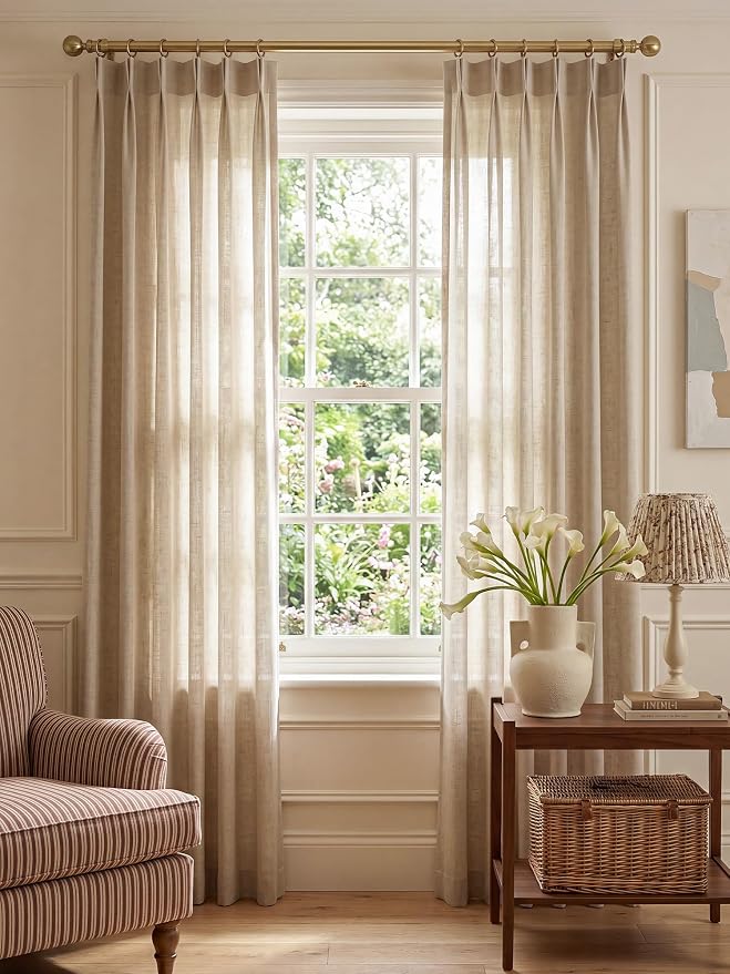Liz Pinch Pleated Linen Curtains Light Filtering Curtains for Living Room, Farmhouse Window Curtains for Bedroom, Modern Drapes with Hooks and Rings, 90 Inches Long, Burlywood Birch, 2 Panels Set