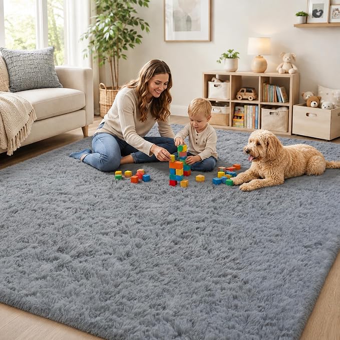 Area Rug for Living Room Bedroom: 6x9 Grey Soft Fluffy Shag Upgrade Non-Slip High Pile Carpet Large Fuzzy Plush Indoor Floor Decor Shaggy Rug for Kid Boys Girls Dorms Playroom Nursery Modern Home