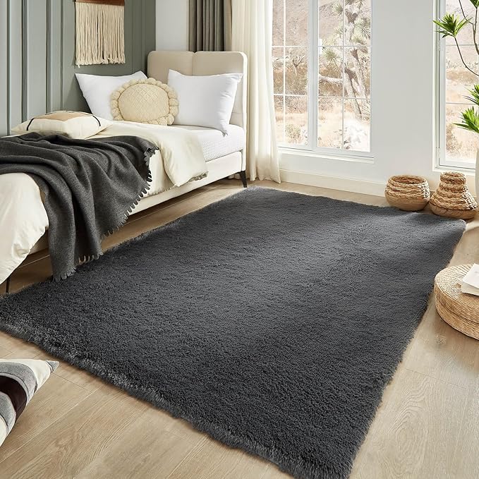 Floralux 5x7 Large Shag Area Rugs for Living Room, Bedroom, Dark Grey Soft Fluffy Shaggy Bedside Rug, Indoor Floor Carpet for Kids Girls and Boys