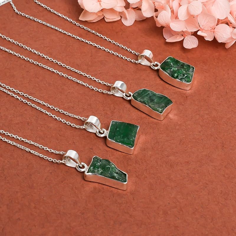 Natural Real Raw Tsavorite Garnet Crystals Bezel Pendant Necklace, Birthstone, Healing Rough Gemstone, Silver Plated Jewelry 18 inch (1 pendant)