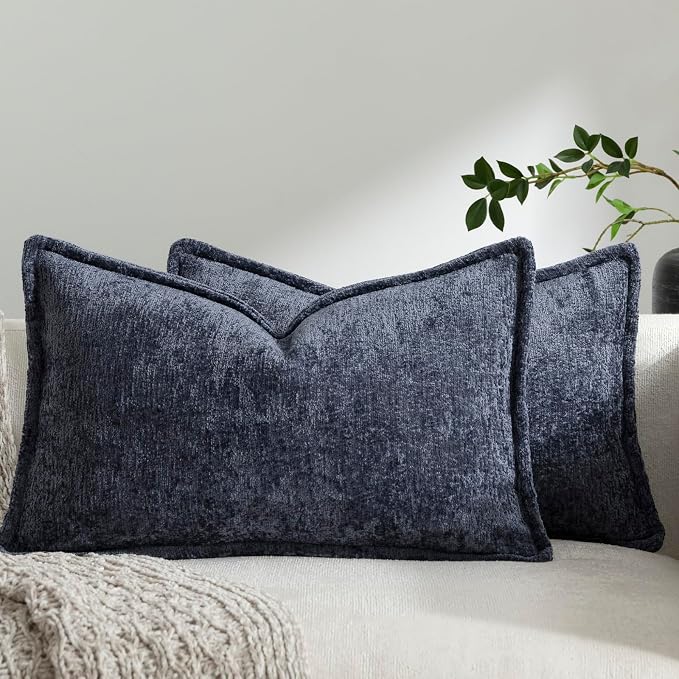 DEZENE Pack of 2 Navy Decorative Throw Pillow Covers 12x20 Cozy Soft Chenille Accent Vintage Rectangular Lumbar Couch Pillow Covers for Home Decor Bed Sofa Living Room