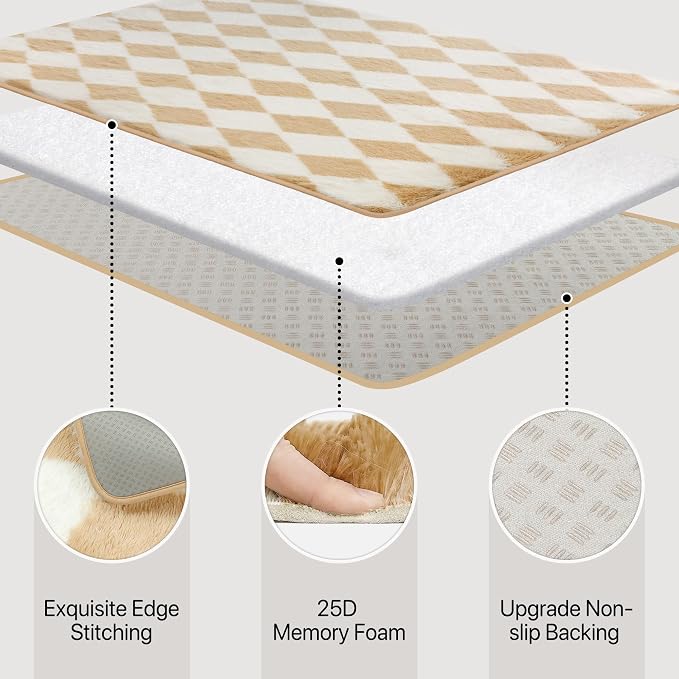 GENIMO Checkered Rug 8x10 Area Rugs for Kids Bedroom Soft Shag Rug Fluffy Fuzzy Carpet Plush Rugs for Living Room Nursery Playroom Dorm Modern Home Decor Aesthetic, Beige and White