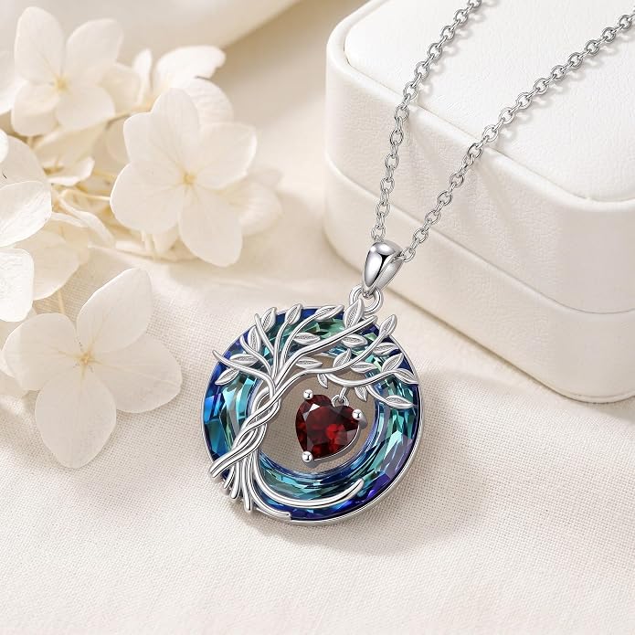 CRMAD Tree of Life Necklace Birthstone Pendant Necklaces with Crystal Anniversary Birthday Wedding Jewelry for Mom Her Wife Sister