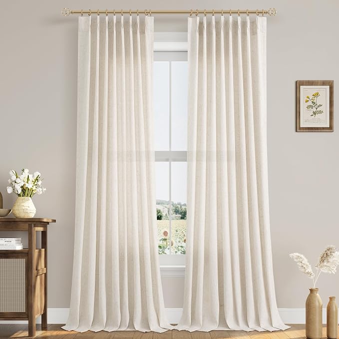 Aersas Natural Pinch Pleat Linen Curtains 110 Inch Length 2 Panels Set for Bedroom Dining Room Semi Sheer Linen Boho Farmhouse Neutral Window Curtains for Living Room Nursery Natural Cream 50x110