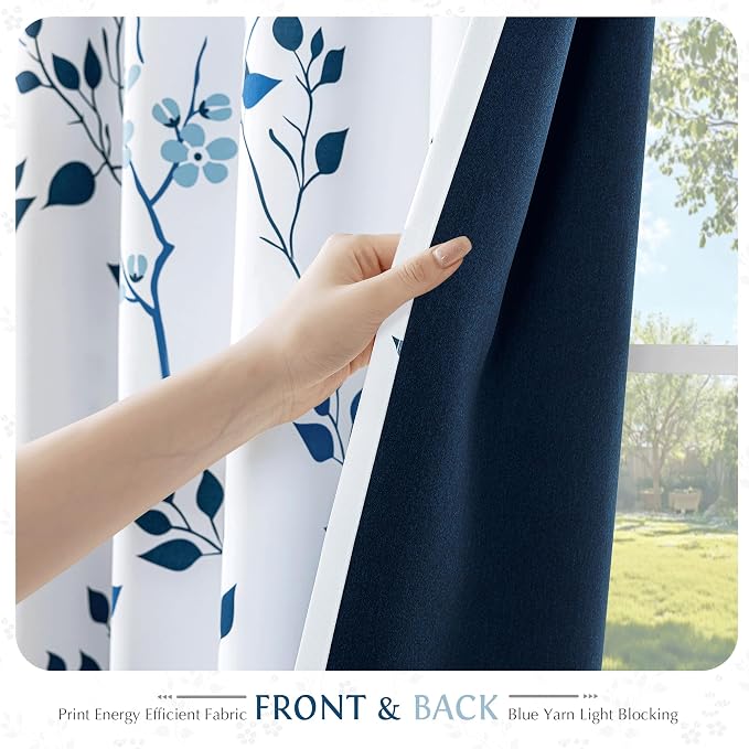 Beauoop Floral 100% Blackout Curtains for Bedroom Navy Blue 52X108 2 Panels | Flower Patterned Navy White Room Darkening Drapes for Living Room Thermal Insulated Soundproof Window treatment Grommet