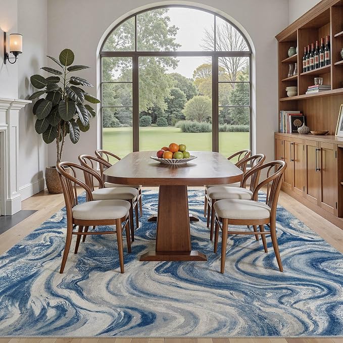 DMOYEST 8x10 Area Rug for Living Room:Washable Modern Neutral Abstract Rug with Low Pile Non Slip Soft Thin Large Indoor Carpet for Bedroom Dining Room Home Office Decor-Navy Blue