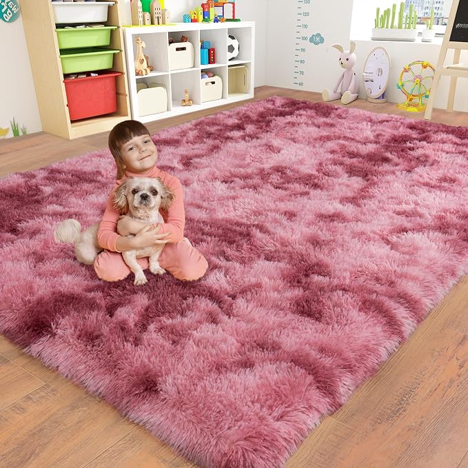 Dssimo 8x10 Area Rugs for Living Room, Pink Tie-Dyed Plush Fluffy Carpet | Upgrade Non-Slip Thick Large Rose Shag Rugs for Nursery Kids Room Dorm Room Home Decor, Indoor Plush Floor Carpet