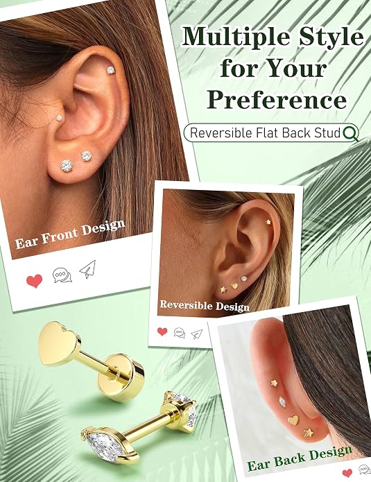 Drperfect 18G Reversible Flat Back Stud Earrings for Women Hypoallergenic Surgical Steel 14K Gold Silver Plated Internal Thread Stud Piercing Jewelry for Tragus Helix Cartilage Conch Piercing