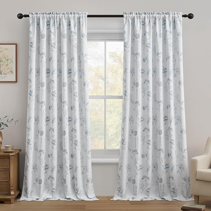 FMFUNCTEX 100% Blackout Blue Floral Curtains 96 Inch Back Tab 2 Panels | Black Out Drapes, Thermal Insulated Cottage Farmhouse, Lichi Patterned Extra Long Curtain for Bedroom, Living Room Darkening