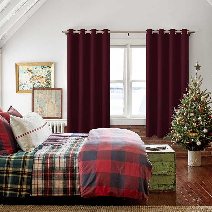 Hiasan Blackout Curtains for Bedroom, 52 x 63 Inches Length - Thermal Insulated & Light Blocking Window Curtains for Living Room Christmas Decor, 2 Drape Panels Sewn with Tiebacks, Burgundy