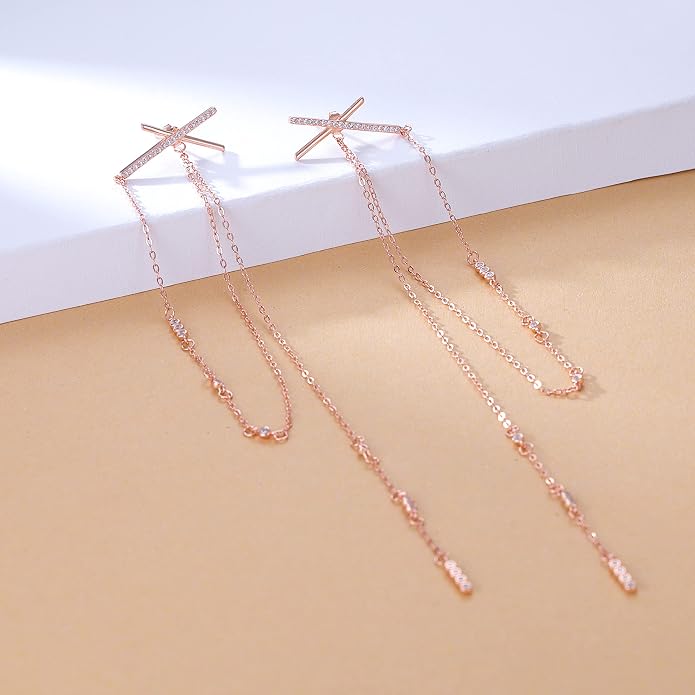 SLUYNZ 925 Sterling Silver CZ Long Dangle Earrings Chain for Women X Long Earrings Tassel 5.9inch