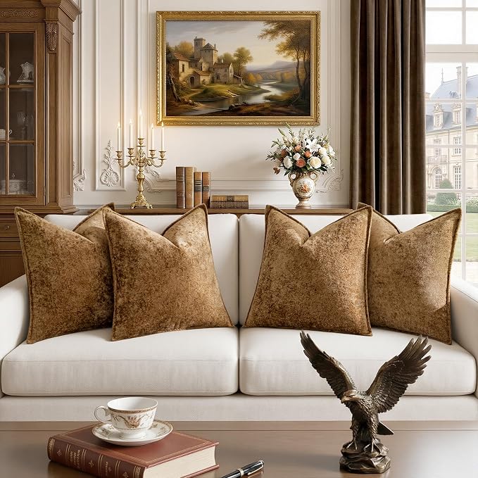 a moment Throw Pillow Covers 26X26 Inch 4 Packs,Soft Velvet Decorative Pillow Cases with 3D Ice Flower,Texture Modern Accent Cushion Covers for Sofa Couch Home Decor Golden Brown