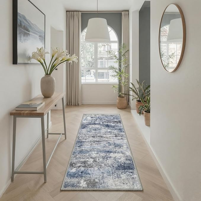 GENIMO Runner Rug Non Slip 2x7, Washable Rug Runner for Hallways Kitchen, Abstract Modern Kitchen Rugs, Low Pile Lightweight Carpet Runners for Entryway, Bedroom, Laundry, Haze Blue