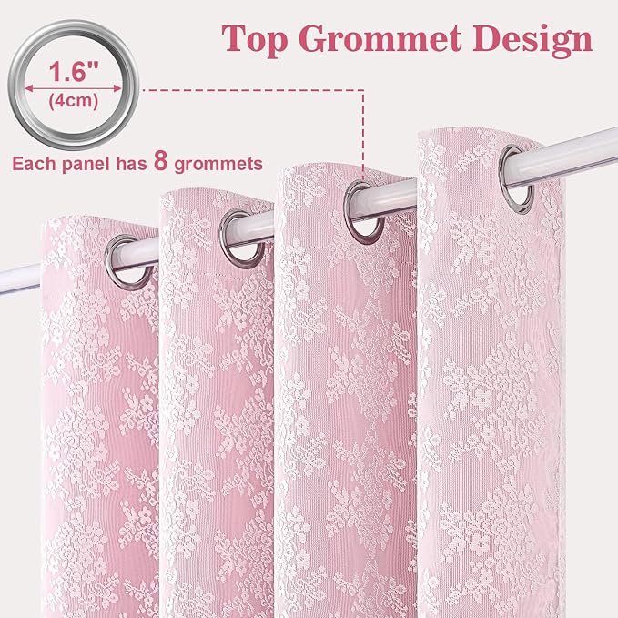 Yinhua Pink Blackout Curtains for Bedroom Double Layer Nursery Curtains for Living Room 54 Inch Length 2 Panels Set Kid Curtain with Floral Sheer Overlay, Grommet Drapes with Tiebacks, 52" W x 54" L