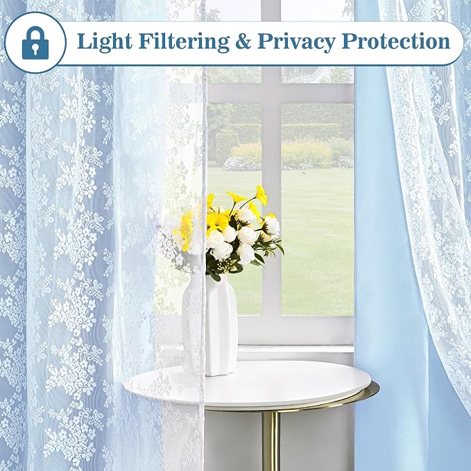 Yinhua Double Layer Blackout Curtains for Bedroom Blue Curtains for Living Room 63 Inch Length 2 Panels Set Kid Curtain with Tiebacks, Grommet Drapes with Floral Sheer Overlay, 52" W x 63" L