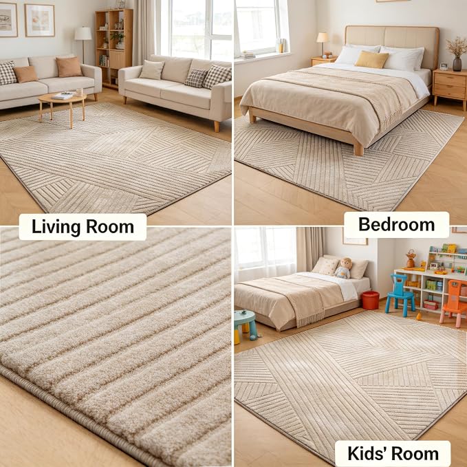 5x7 Solid Color Area Rugs, Brown Modern Geometric Rug, Living Room Rug, Durable Non-Slip Soft High-Low Pile, Fluffy Floor Rugs for Bedroom, Kids Room, Nursery, Home Décor, Light Brown