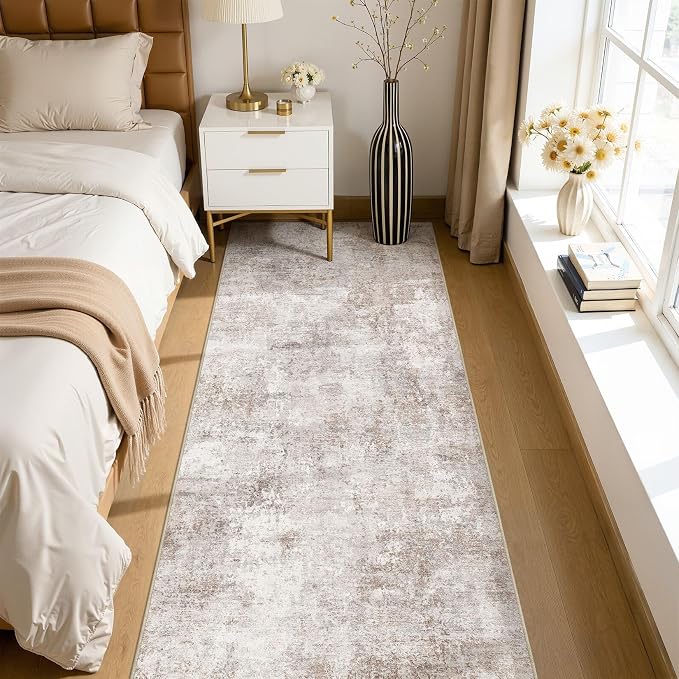 Washable Runner Rug 3x8, Non Slip Neutral Area Rug for Hallway | Modern Abstract Carpet, Stain Resistant and Kid & Pet Friendly, Made for Kitchen, Entryway, Laundry, Kitchen, Indoor - Brown