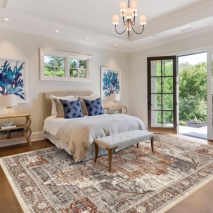 RUUGME Washable 8x10 Area Rugs - Large Rugs for Living Room Stain Resistant Carpet Vintage Rugs for Bedroom with Non Slip Backing Home Decor Floor Decoration Mat (8x10 Brick)