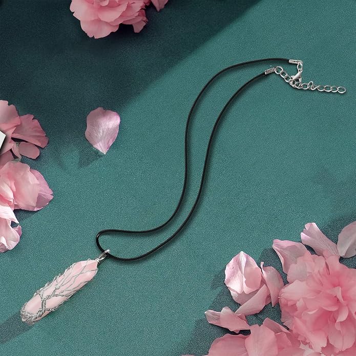 VIBILIA Healing Crystal Necklace Tree of Life Wire Wrapped Natural Stone Point Pendant Necklace Hexagonal Reiki Spiritual Quartz Gemstone Jewelry for Women Men