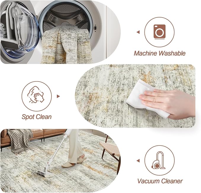Soalmost Washable Area Rug 8x10, Large Soft Abstract Rugs for Living Room Vintage 8x10 Area Rugs for Bedroom Dining Room Non-Slip Stain Resistant Under Table Gray Rust Rug