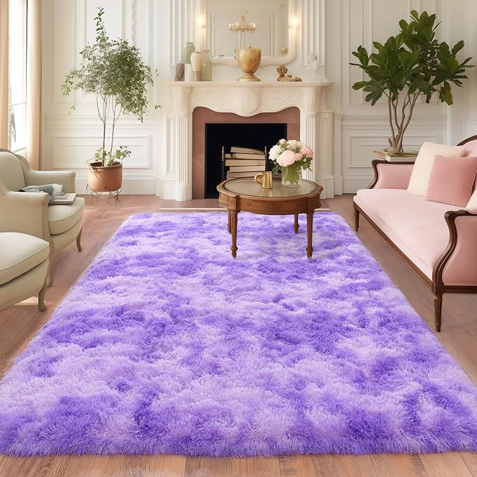 Dssimo 5x7 Area Rugs for Living Room, Purple Tie-Dyed Plush Fluffy Carpet | Upgrade Non-Slip Thick Large Plush Shag Rugs for Nursery Kids Room Dorm Room Home Decor, Indoor Plush Floor Carpet