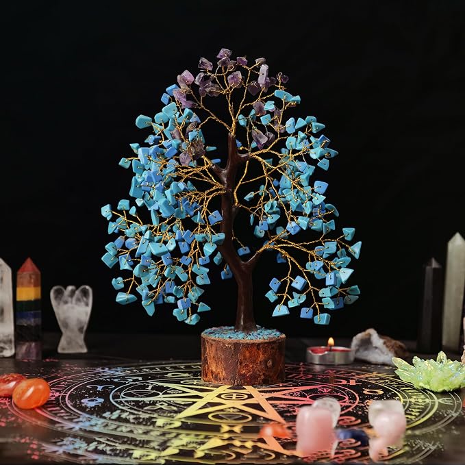 Turquoise & Amethyst Gemstone Tree With 2 Chakra Pendants, Crystal Tree, Birthday Gifts for Women, Fake Plants Home Decor, Crystals and Healing Stones, Office Desk Accessories, Room Decor 10-12"