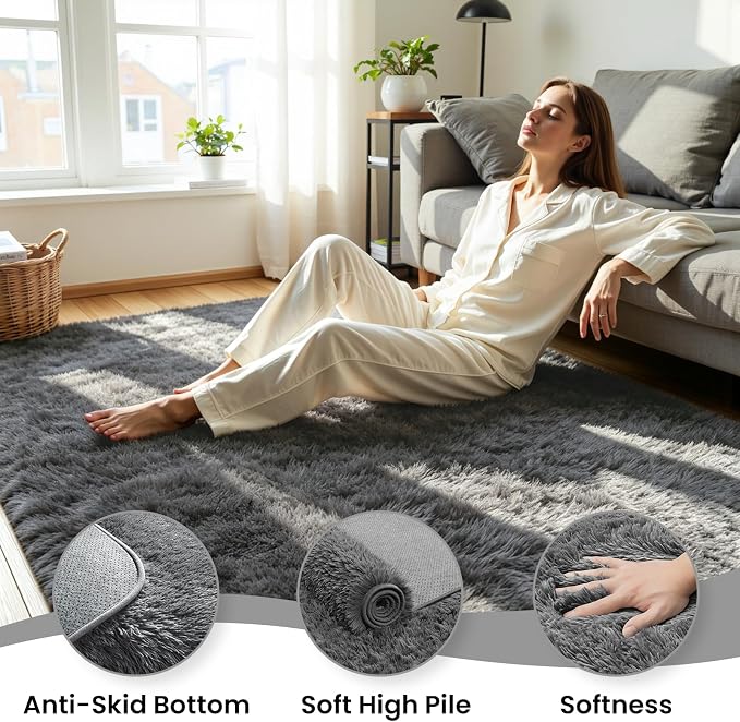 8x10 Area Rug for Living Room, Ultra Soft Fluffy Grey Rugs for Bedroom, Non Slip Large Shag Carpet, Fuzzy Plush Nursery Rug, Thick Washable Indoor Floor Carpets for Kids Office Dorm Home Decor