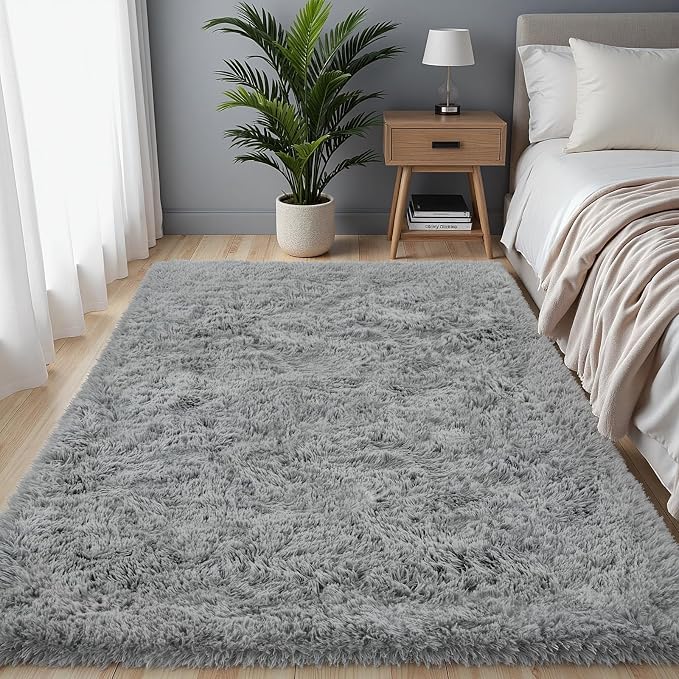 4x6 Area Rug for Living Room, Ultra Soft Fluffy Shag Rugs for Bedroom, Non-Slip Large Fuzzy Plush Rug Indoor Floor Carpet for Nursery Kids Office Dorm Modern Decor, Light Gray