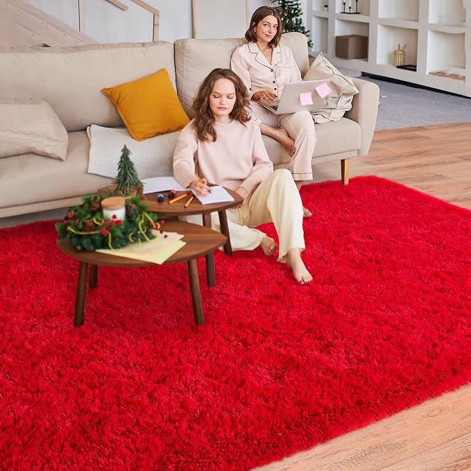 Dssimo Red Rug for Bedroom 6x9 Large Area Rugs for Living Room Shaggy | Soft Fluffy Bedside Indoor Floor Carpet for Kids,Girls Boys and Teens Deco Christmas Aesthetic for Dorm Nursery Classroom