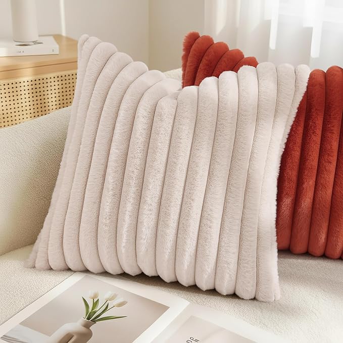 decorUhome Fall Faux Fur Throw Pillow Covers 18x18 Set of 2 Beige | Decorative Soft Cozy Striped Plush Modern Farmhouse Boho Couch Pillow Cases Velvet Back for Sofa Bed Living Room Home Decor