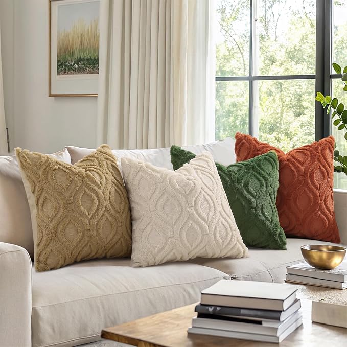 decorUhome Green Rust Faux Fur Soft Throw Pillow Covers 18x18 Set of 4 | Fall Neutral Decorative Plush Couch Pillow Covers, Accent Modern Farmhouse Neutral Pillow Cases for Sofa Bed Living Room