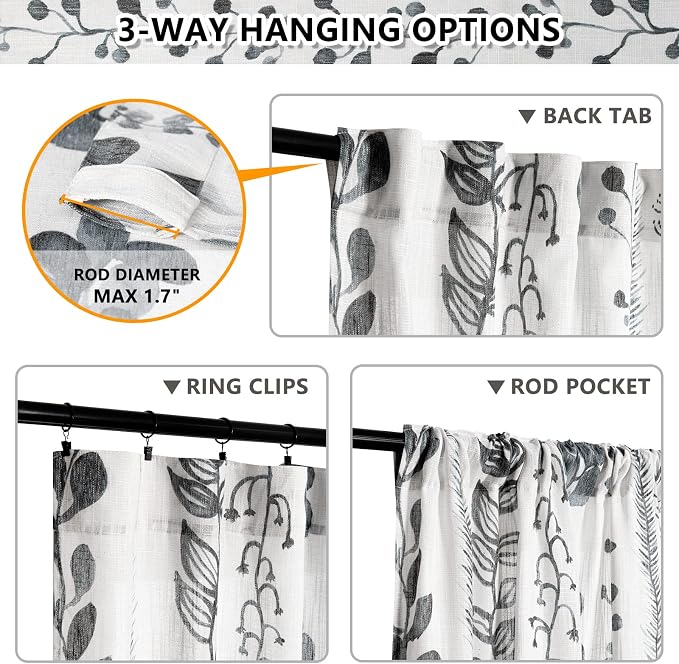MEETSKY Living Room Curtains 90 Inches Long Boho Linen Style Back Tab Curtains for Bedroom Light Filtering Bohemian Rod Pocket Leaf Print Classical Door Drapes 2 Panels