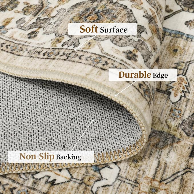 Roxstand 6x9 Washable Area Rug, Vintage Non Slip Rug, Beige/Brown | Large Area Rug, Non-slip Backing,Floral Vintage, Low Pile, For Living Room, Bedroom, Dining Room, Office