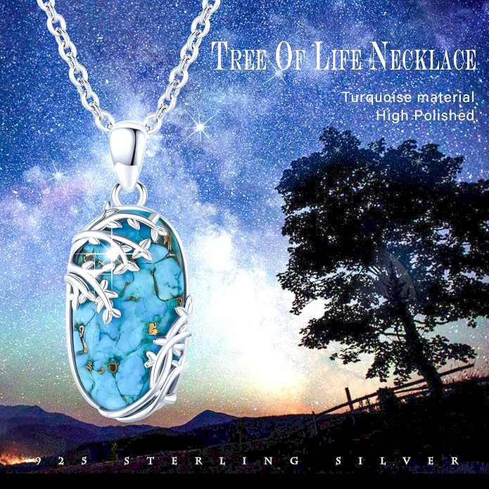 Oval Turquoise Life Of tree Necklace for Women S925 Sterling Silver Family Tree Necklace Lucky Turquoise Jewelry